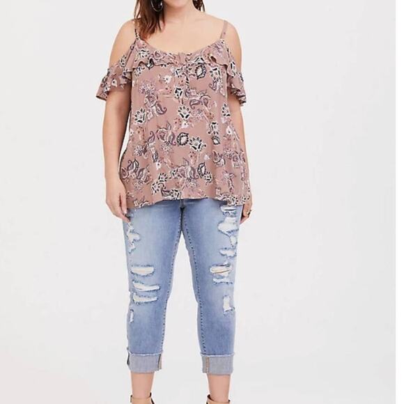 TORRID Walnut Paisley Gauze Cold Shoulder Top Sz 1 - Picture 6 of 8